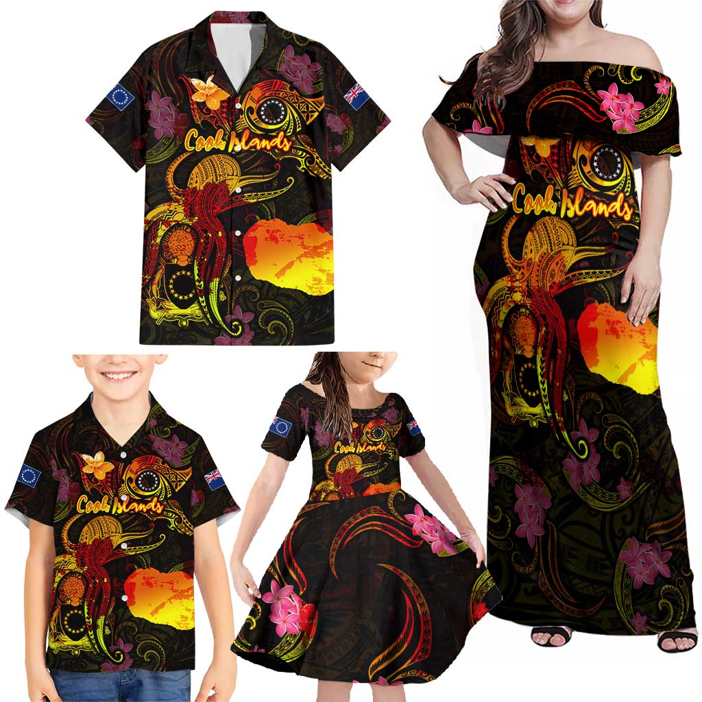 Cook Islands Family Matching Off Shoulder Maxi Dress and Hawaiian Shirt Octopus Plumeria Polynesian Tattoo DT02 - Polynesian Pride