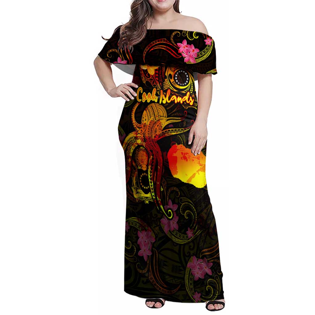 Cook Islands Family Matching Off Shoulder Maxi Dress and Hawaiian Shirt Octopus Plumeria Polynesian Tattoo DT02 Mom's Dress Black - Polynesian Pride