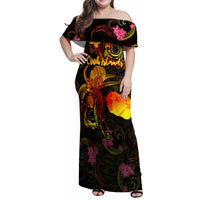 Cook Islands Family Matching Off Shoulder Maxi Dress and Hawaiian Shirt Octopus Plumeria Polynesian Tattoo DT02 Mom's Dress Black - Polynesian Pride