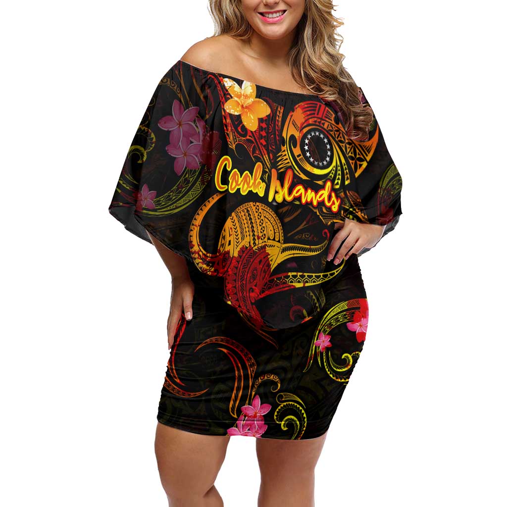 Cook Islands Family Matching Off Shoulder Short Dress and Hawaiian Shirt Octopus Plumeria Polynesian Tattoo DT02 Mom's Dress Black - Polynesian Pride