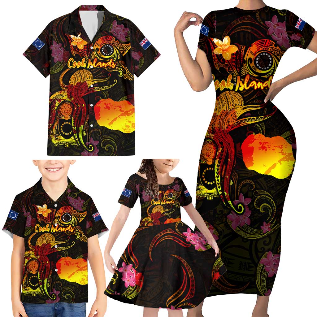 Cook Islands Family Matching Short Sleeve Bodycon Dress and Hawaiian Shirt Octopus Plumeria Polynesian Tattoo DT02 - Polynesian Pride