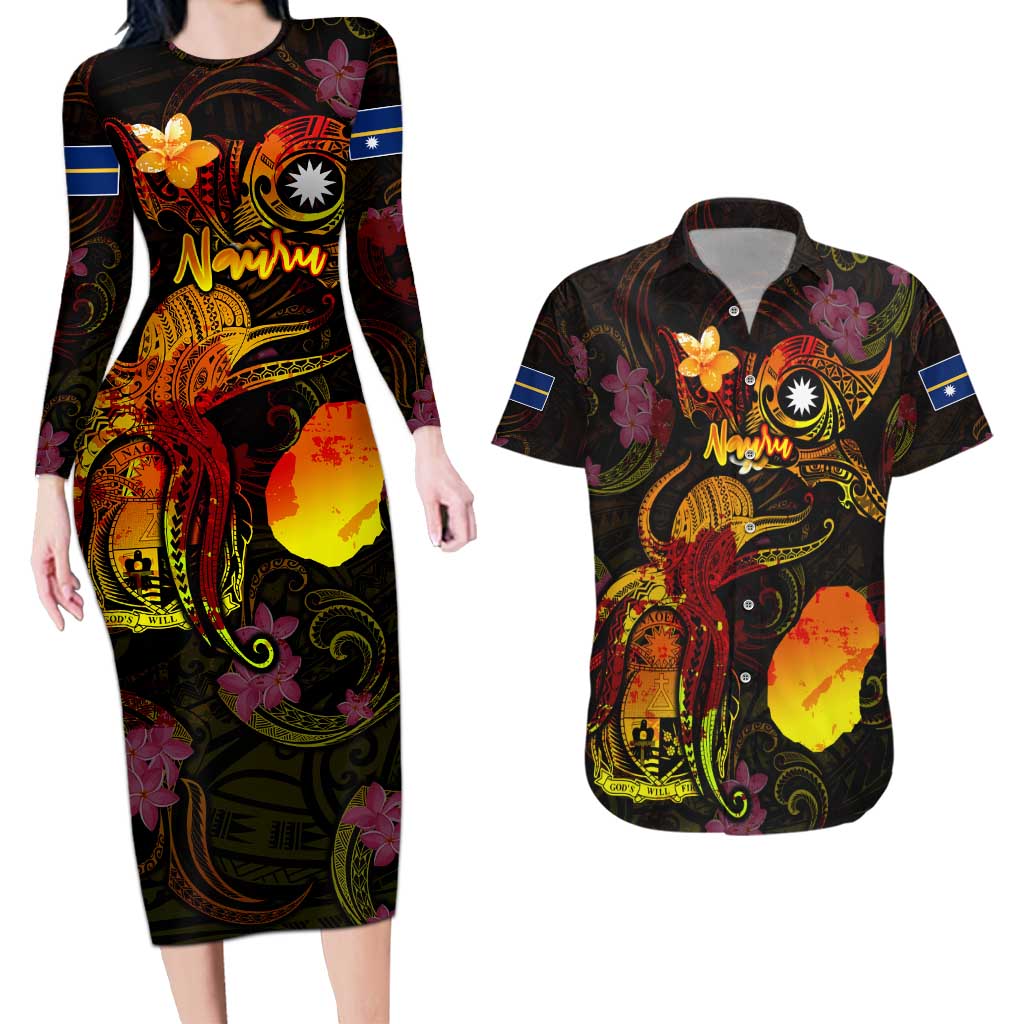 Nauru Couples Matching Long Sleeve Bodycon Dress and Hawaiian Shirt Octopus Plumeria Polynesian Tattoo DT02 Black - Polynesian Pride