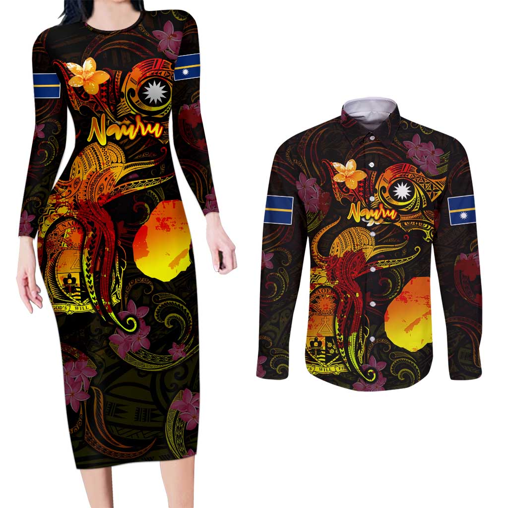 Nauru Couples Matching Long Sleeve Bodycon Dress and Long Sleeve Button Shirt Octopus Plumeria Polynesian Tattoo DT02 Black - Polynesian Pride
