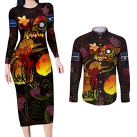 Nauru Couples Matching Long Sleeve Bodycon Dress and Long Sleeve Button Shirt Octopus Plumeria Polynesian Tattoo DT02 Black - Polynesian Pride