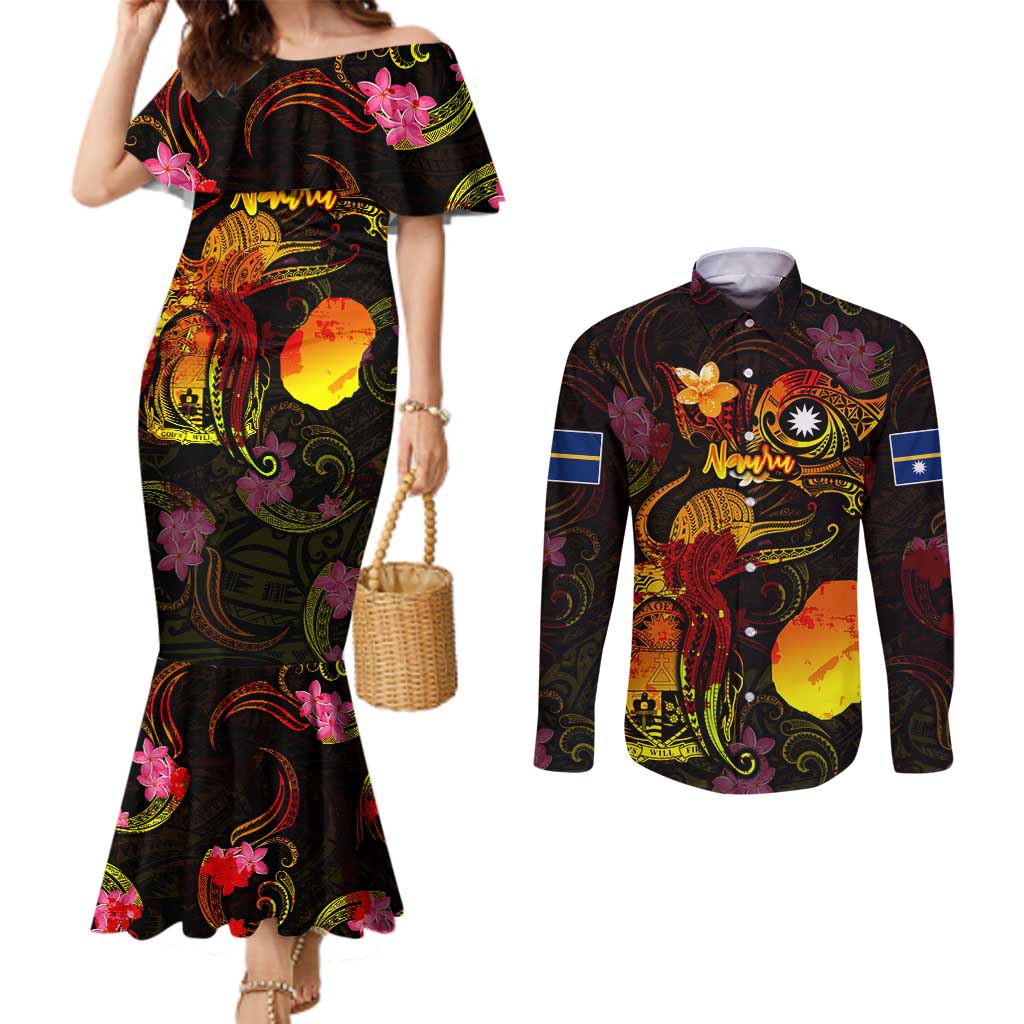 Nauru Couples Matching Mermaid Dress and Long Sleeve Button Shirt Octopus Plumeria Polynesian Tattoo
