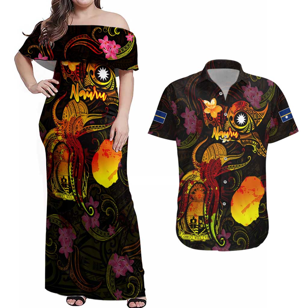 Nauru Couples Matching Off Shoulder Maxi Dress and Hawaiian Shirt Octopus Plumeria Polynesian Tattoo DT02 Black - Polynesian Pride