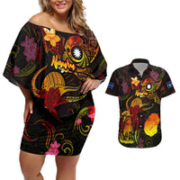 Nauru Couples Matching Off Shoulder Short Dress and Hawaiian Shirt Octopus Plumeria Polynesian Tattoo DT02 Black - Polynesian Pride