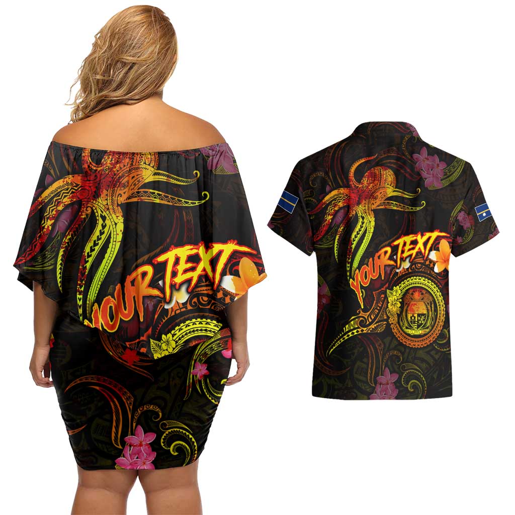 Nauru Couples Matching Off Shoulder Short Dress and Hawaiian Shirt Octopus Plumeria Polynesian Tattoo DT02 - Polynesian Pride