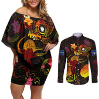 Nauru Couples Matching Off Shoulder Short Dress and Long Sleeve Button Shirt Octopus Plumeria Polynesian Tattoo
