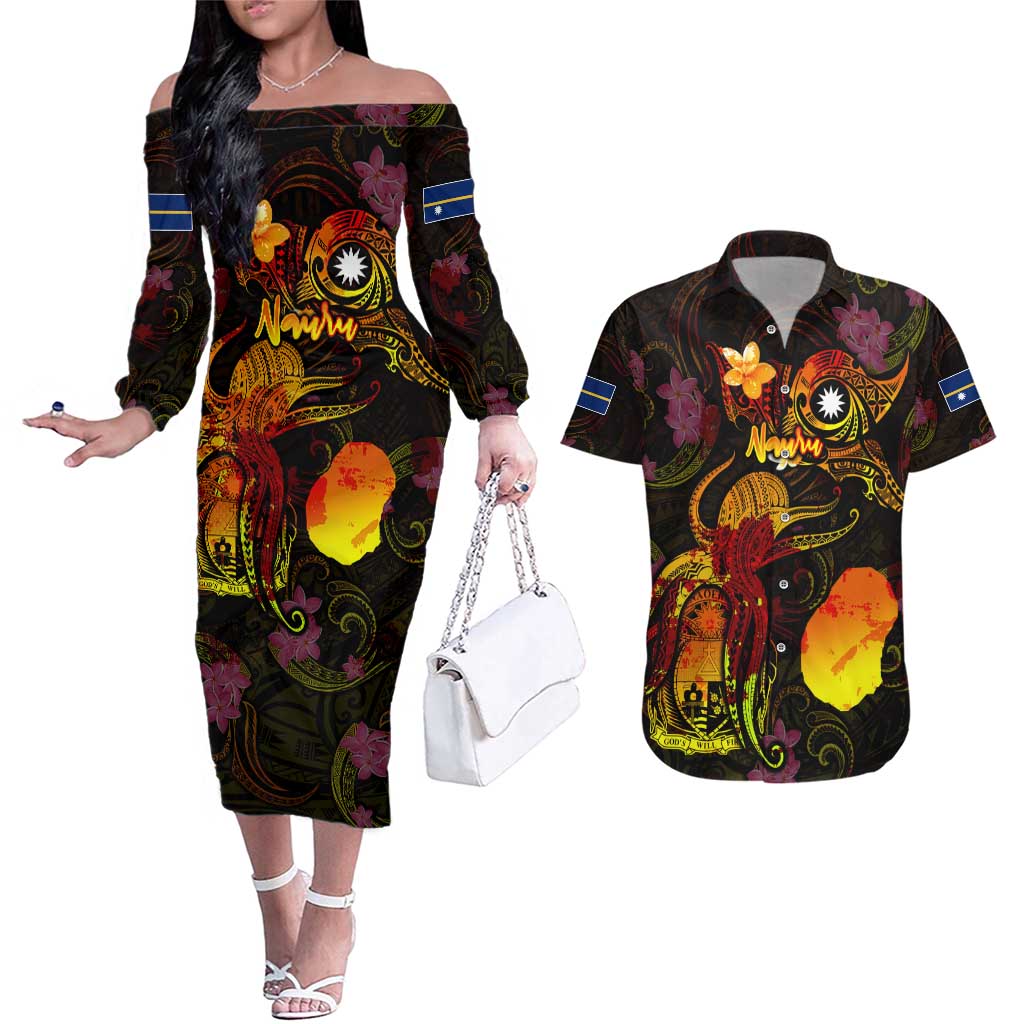 Nauru Couples Matching Off The Shoulder Long Sleeve Dress and Hawaiian Shirt Octopus Plumeria Polynesian Tattoo DT02 Black - Polynesian Pride