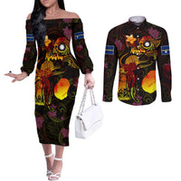 Nauru Couples Matching Off The Shoulder Long Sleeve Dress and Long Sleeve Button Shirt Octopus Plumeria Polynesian Tattoo DT02 Black - Polynesian Pride