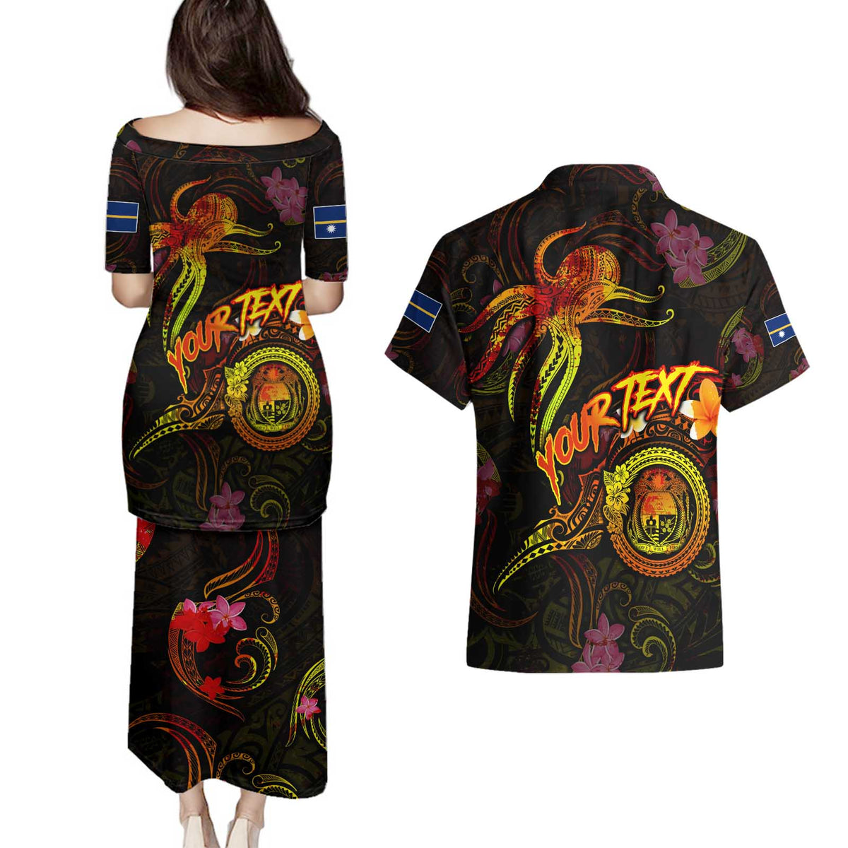 Nauru Couples Matching Puletasi and Hawaiian Shirt Octopus Plumeria Polynesian Tattoo