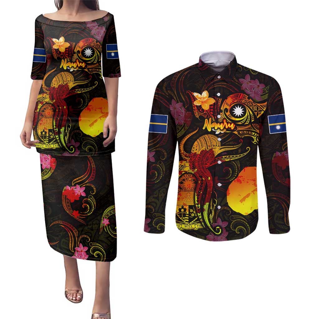 Nauru Couples Matching Puletasi and Long Sleeve Button Shirt Octopus Plumeria Polynesian Tattoo