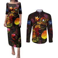 Nauru Couples Matching Puletasi and Long Sleeve Button Shirt Octopus Plumeria Polynesian Tattoo