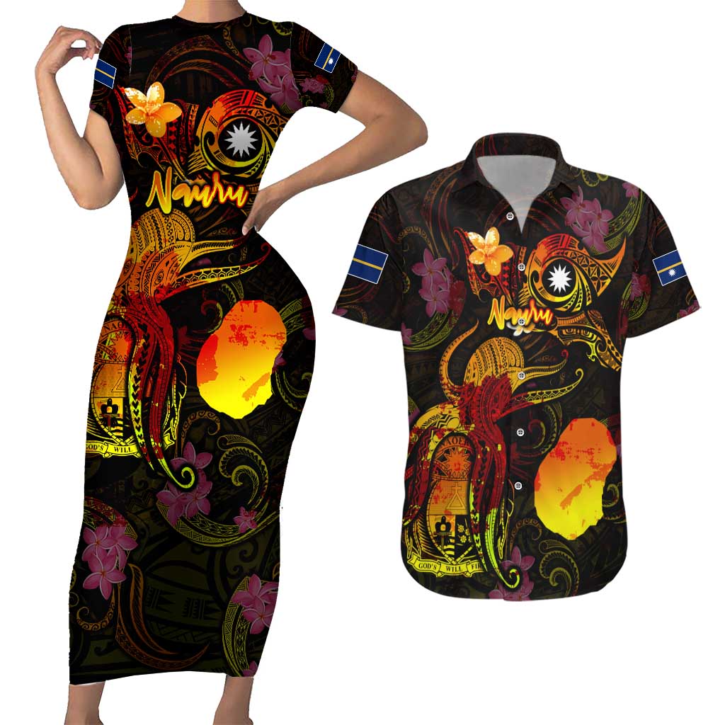 Nauru Couples Matching Short Sleeve Bodycon Dress and Hawaiian Shirt Octopus Plumeria Polynesian Tattoo DT02 Black - Polynesian Pride