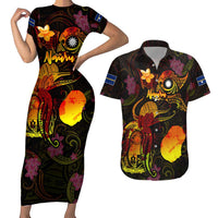 Nauru Couples Matching Short Sleeve Bodycon Dress and Hawaiian Shirt Octopus Plumeria Polynesian Tattoo DT02 Black - Polynesian Pride