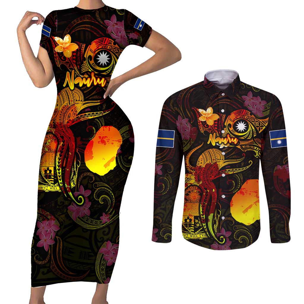 Nauru Couples Matching Short Sleeve Bodycon Dress and Long Sleeve Button Shirt Octopus Plumeria Polynesian Tattoo DT02 Black - Polynesian Pride
