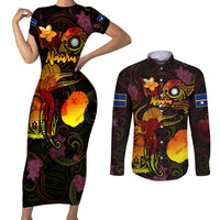 Nauru Couples Matching Short Sleeve Bodycon Dress and Long Sleeve Button Shirt Octopus Plumeria Polynesian Tattoo DT02 Black - Polynesian Pride