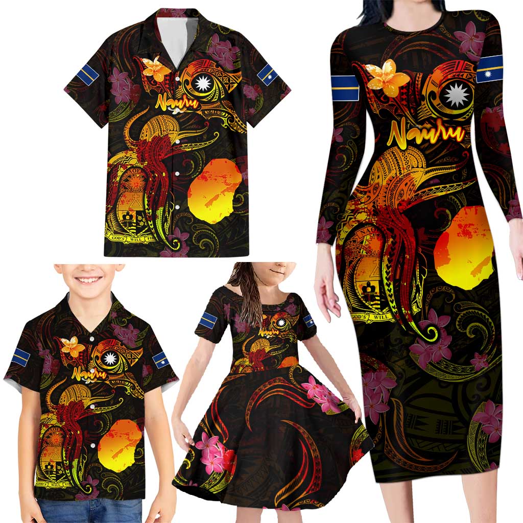 Nauru Family Matching Long Sleeve Bodycon Dress and Hawaiian Shirt Octopus Plumeria Polynesian Tattoo DT02 - Polynesian Pride