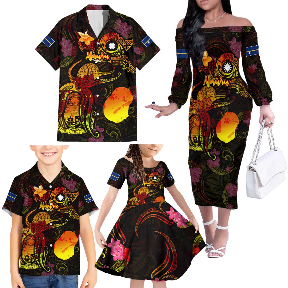Nauru Family Matching Off The Shoulder Long Sleeve Dress and Hawaiian Shirt Octopus Plumeria Polynesian Tattoo DT02 - Polynesian Pride