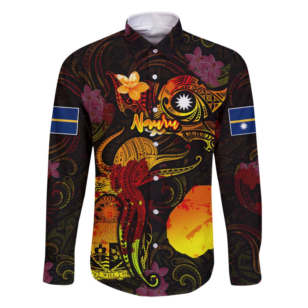 Nauru Family Matching Off The Shoulder Long Sleeve Dress and Hawaiian Shirt Octopus Plumeria Polynesian Tattoo DT02 Dad's Shirt - Long Sleeve Black - Polynesian Pride