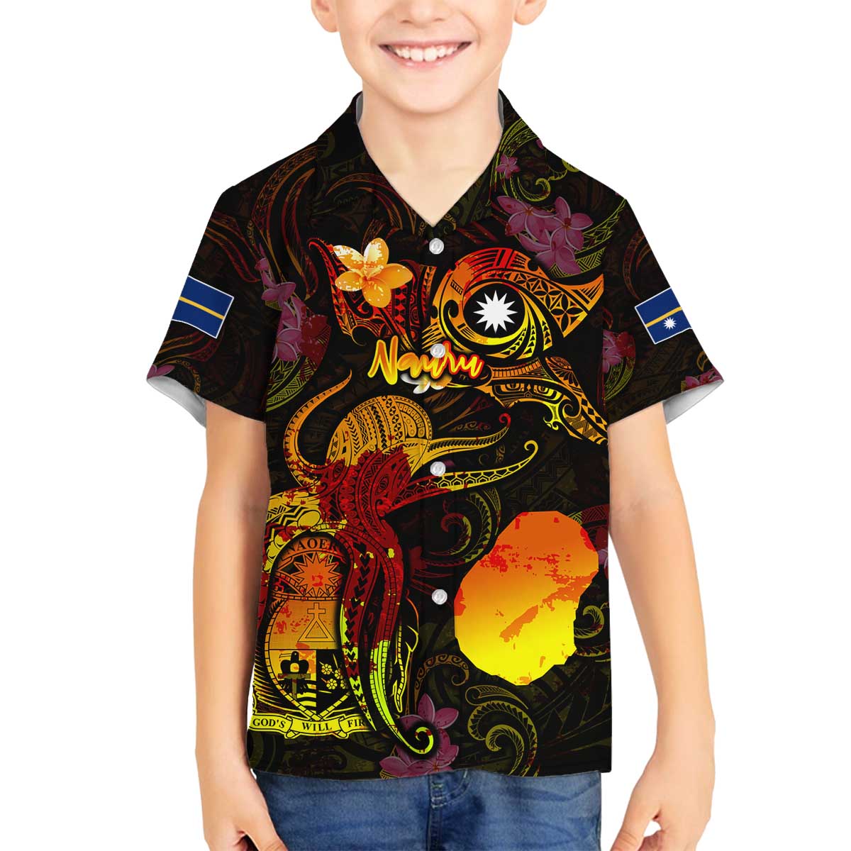 Nauru Family Matching Off The Shoulder Long Sleeve Dress and Hawaiian Shirt Octopus Plumeria Polynesian Tattoo DT02 Son's Shirt Black - Polynesian Pride