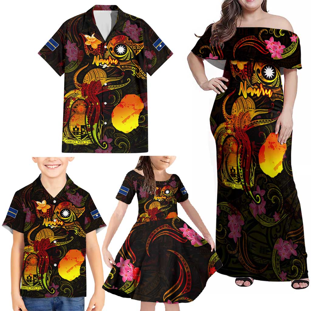 Nauru Family Matching Off Shoulder Maxi Dress and Hawaiian Shirt Octopus Plumeria Polynesian Tattoo DT02 - Polynesian Pride
