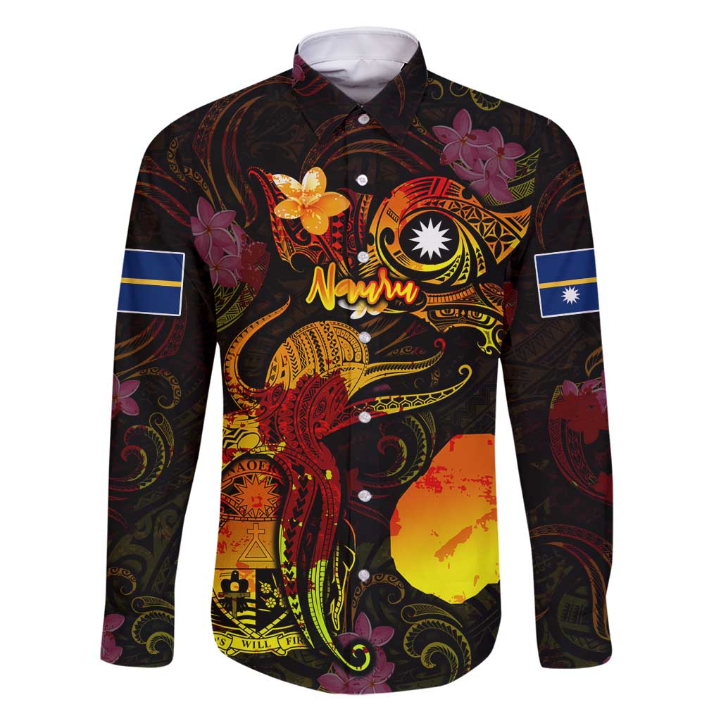 Nauru Family Matching Off Shoulder Maxi Dress and Hawaiian Shirt Octopus Plumeria Polynesian Tattoo DT02 Dad's Shirt - Long Sleeve Black - Polynesian Pride