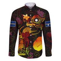 Nauru Family Matching Off Shoulder Short Dress and Hawaiian Shirt Octopus Plumeria Polynesian Tattoo DT02 Dad's Shirt - Long Sleeve Black - Polynesian Pride