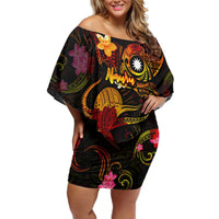 Nauru Family Matching Off Shoulder Short Dress and Hawaiian Shirt Octopus Plumeria Polynesian Tattoo DT02 Mom's Dress Black - Polynesian Pride