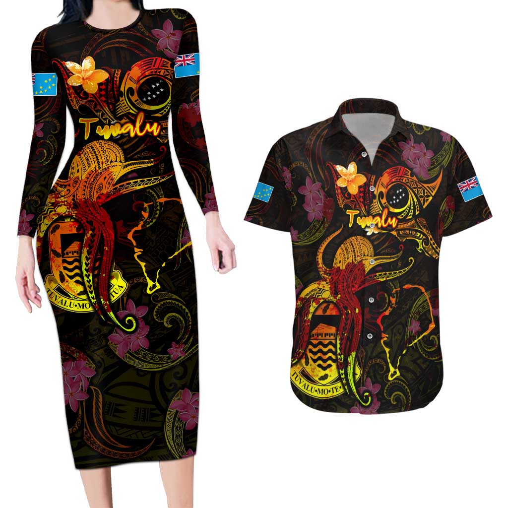 Tuvalu Couples Matching Long Sleeve Bodycon Dress and Hawaiian Shirt Octopus Plumeria Polynesian Tattoo DT02 Black - Polynesian Pride