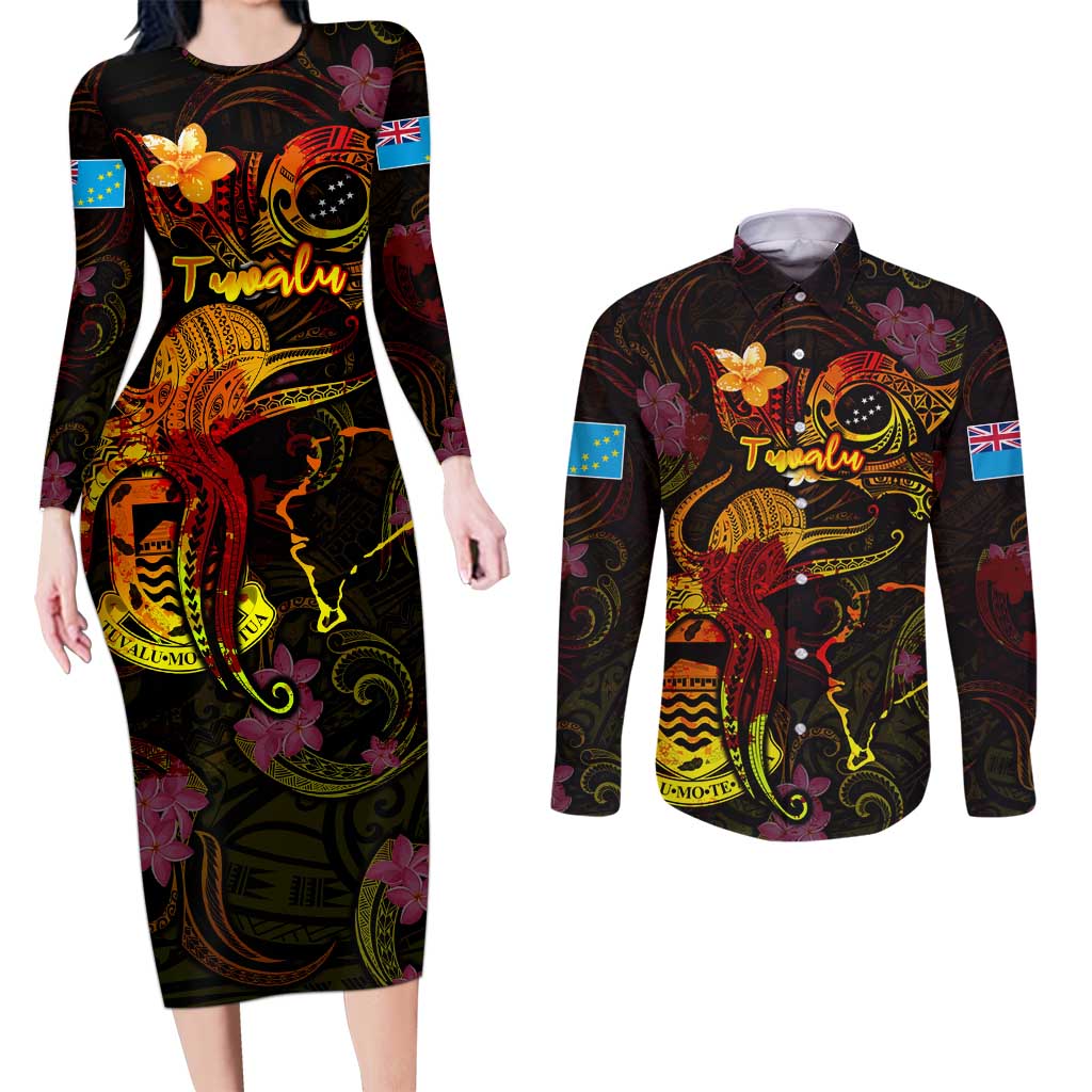 Tuvalu Couples Matching Long Sleeve Bodycon Dress and Long Sleeve Button Shirt Octopus Plumeria Polynesian Tattoo DT02 Black - Polynesian Pride
