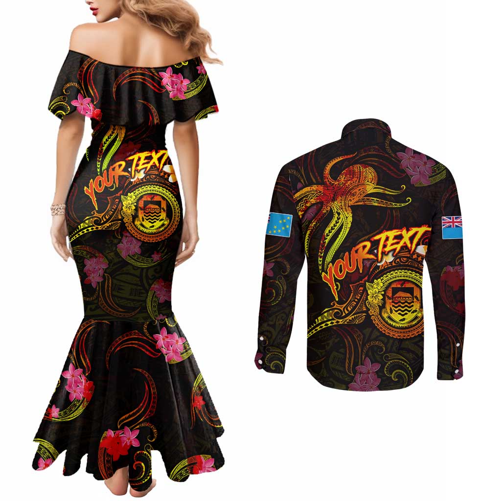 Tuvalu Couples Matching Mermaid Dress and Long Sleeve Button Shirt Octopus Plumeria Polynesian Tattoo