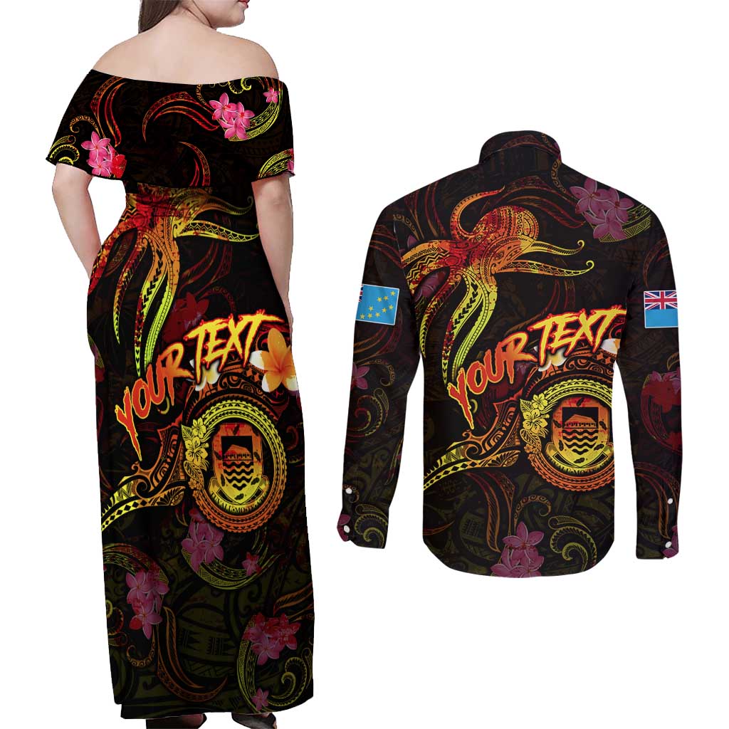 Tuvalu Couples Matching Off Shoulder Maxi Dress and Long Sleeve Button Shirt Octopus Plumeria Polynesian Tattoo