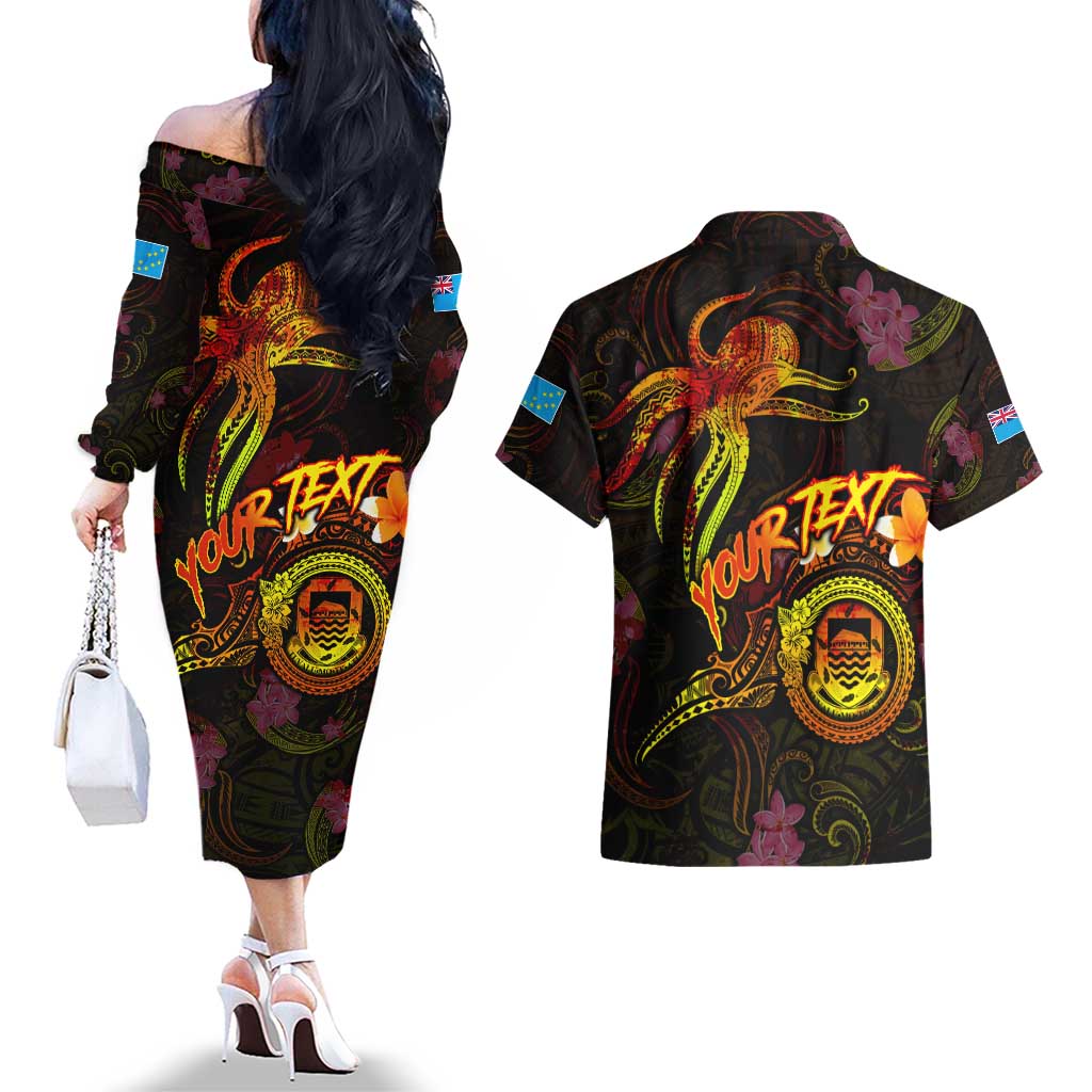 Tuvalu Couples Matching Off The Shoulder Long Sleeve Dress and Hawaiian Shirt Octopus Plumeria Polynesian Tattoo DT02 - Polynesian Pride