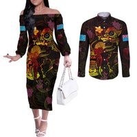 Tuvalu Couples Matching Off The Shoulder Long Sleeve Dress and Long Sleeve Button Shirt Octopus Plumeria Polynesian Tattoo DT02 Black - Polynesian Pride