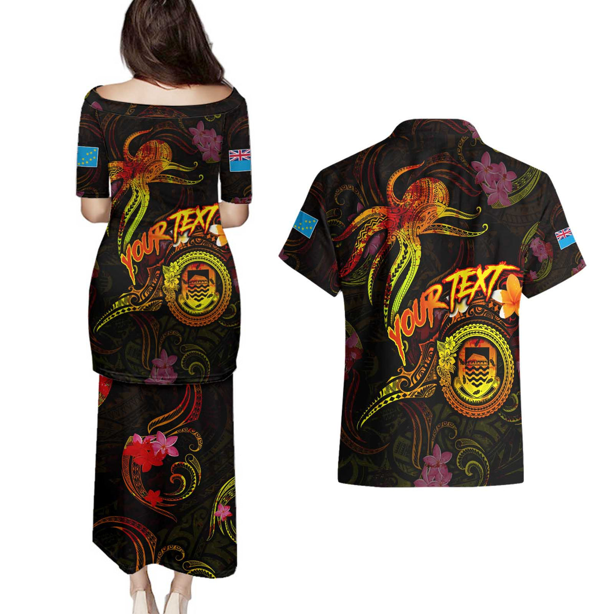 Tuvalu Couples Matching Puletasi and Hawaiian Shirt Octopus Plumeria Polynesian Tattoo