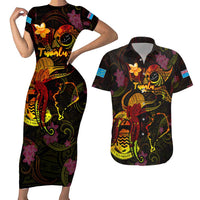 Tuvalu Couples Matching Short Sleeve Bodycon Dress and Hawaiian Shirt Octopus Plumeria Polynesian Tattoo DT02 Black - Polynesian Pride