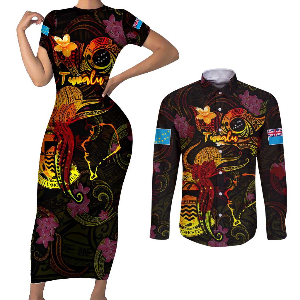 Tuvalu Couples Matching Short Sleeve Bodycon Dress and Long Sleeve Button Shirt Octopus Plumeria Polynesian Tattoo DT02 Black - Polynesian Pride