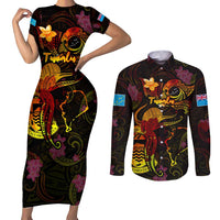 Tuvalu Couples Matching Short Sleeve Bodycon Dress and Long Sleeve Button Shirt Octopus Plumeria Polynesian Tattoo DT02 Black - Polynesian Pride