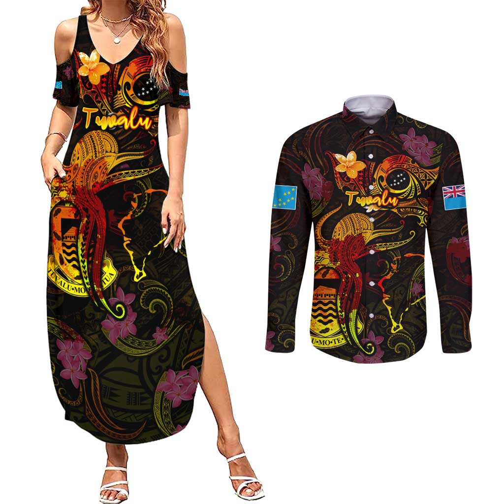 Tuvalu Couples Matching Summer Maxi Dress and Long Sleeve Button Shirt Octopus Plumeria Polynesian Tattoo