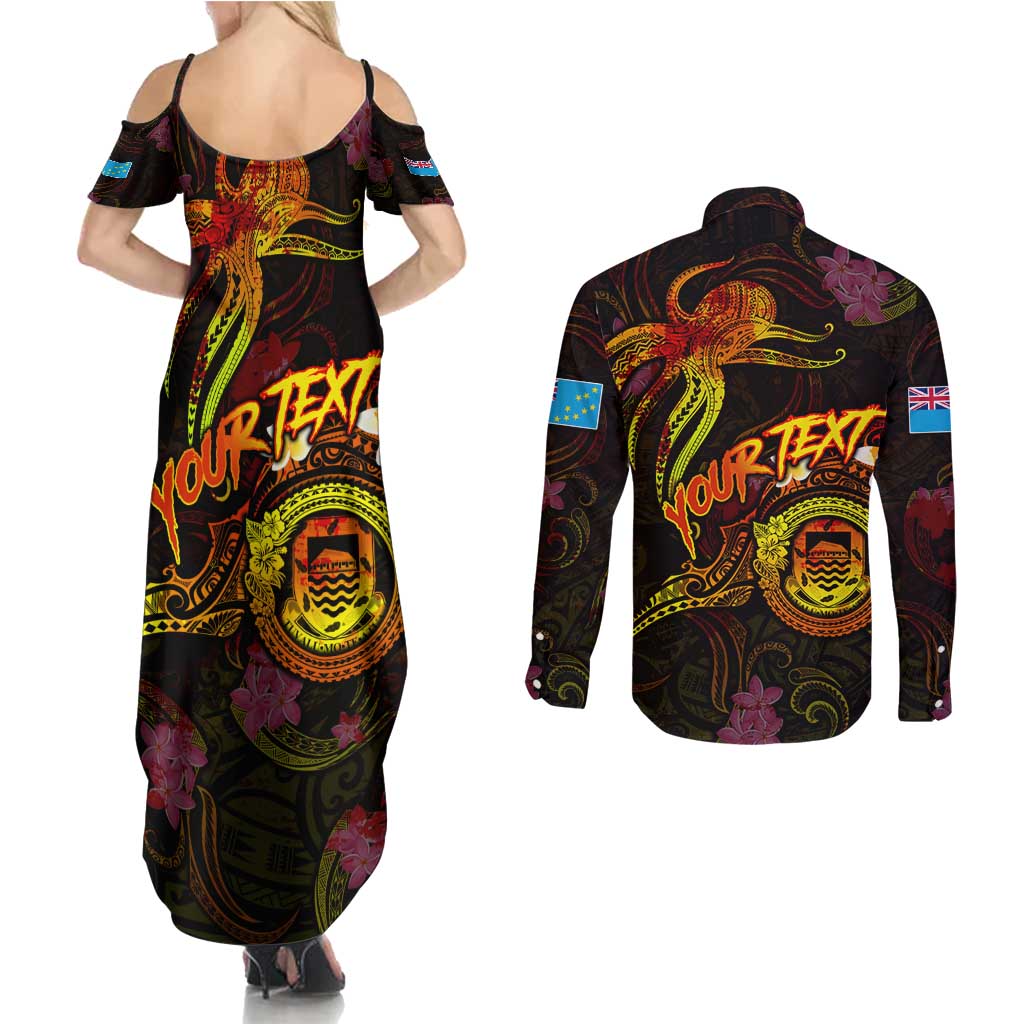 Tuvalu Couples Matching Summer Maxi Dress and Long Sleeve Button Shirt Octopus Plumeria Polynesian Tattoo