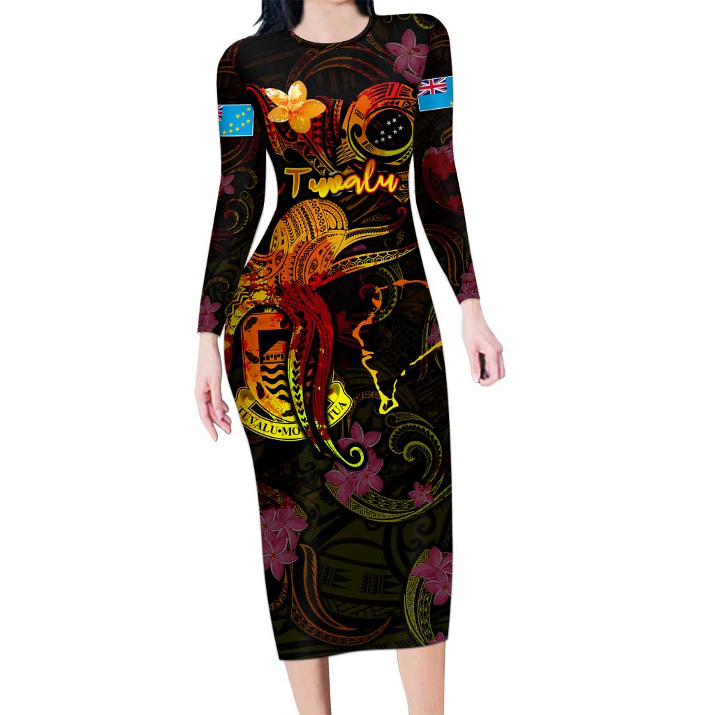 Tuvalu Family Matching Long Sleeve Bodycon Dress and Hawaiian Shirt Octopus Plumeria Polynesian Tattoo DT02 Mom's Dress Black - Polynesian Pride