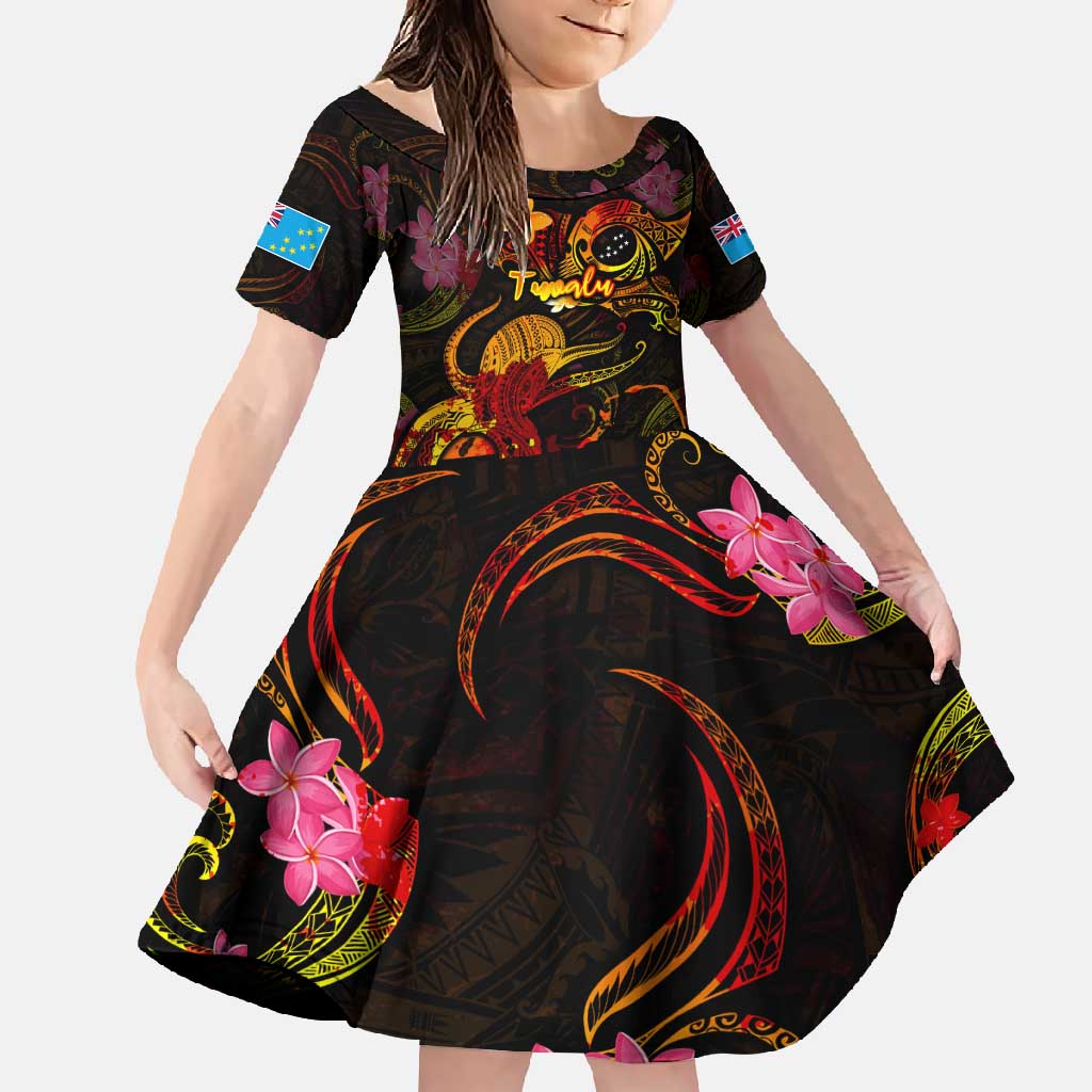 Tuvalu Family Matching Mermaid Dress and Hawaiian Shirt Octopus Plumeria Polynesian Tattoo DT02 Daughter's Dress Black - Polynesian Pride