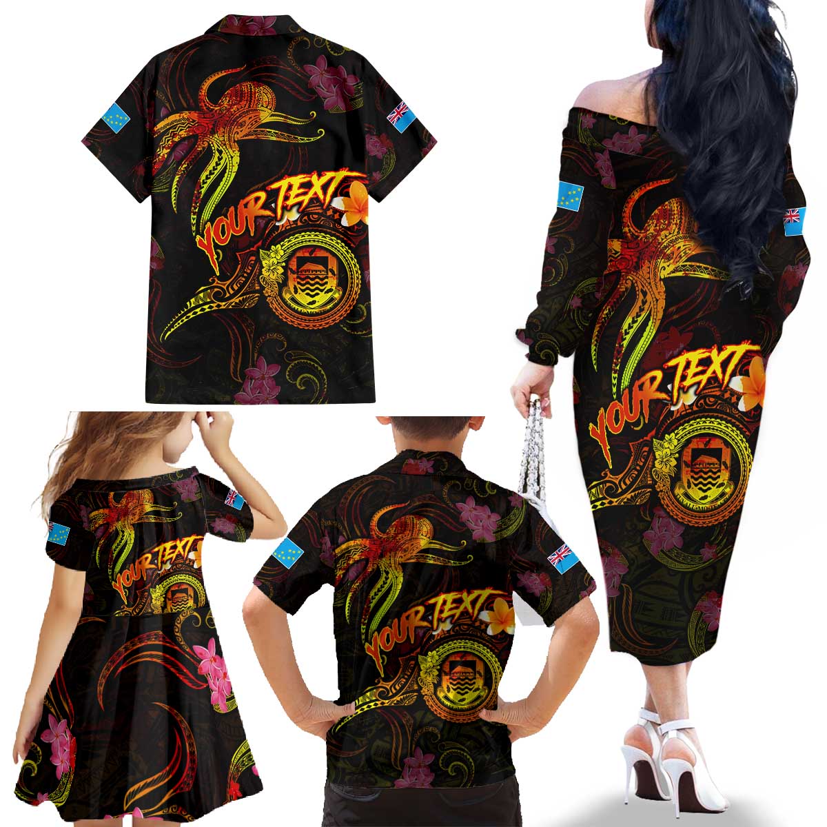 Tuvalu Family Matching Off The Shoulder Long Sleeve Dress and Hawaiian Shirt Octopus Plumeria Polynesian Tattoo DT02 - Polynesian Pride
