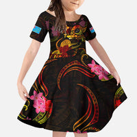 Tuvalu Family Matching Off Shoulder Maxi Dress and Hawaiian Shirt Octopus Plumeria Polynesian Tattoo DT02 Daughter's Dress Black - Polynesian Pride