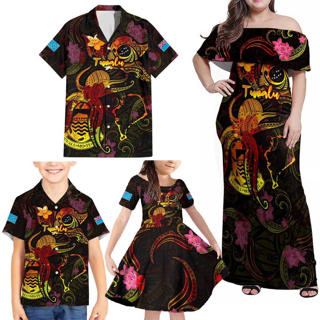 Tuvalu Family Matching Off Shoulder Maxi Dress and Hawaiian Shirt Octopus Plumeria Polynesian Tattoo DT02 - Polynesian Pride