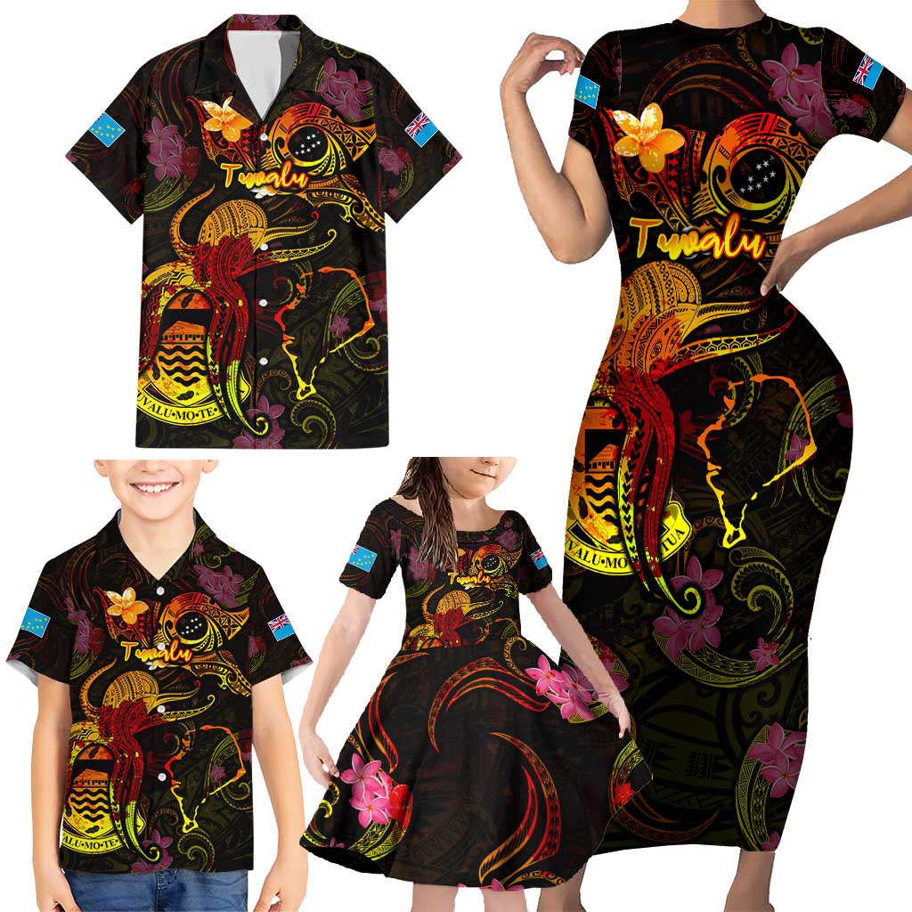Tuvalu Family Matching Short Sleeve Bodycon Dress and Hawaiian Shirt Octopus Plumeria Polynesian Tattoo DT02 - Polynesian Pride