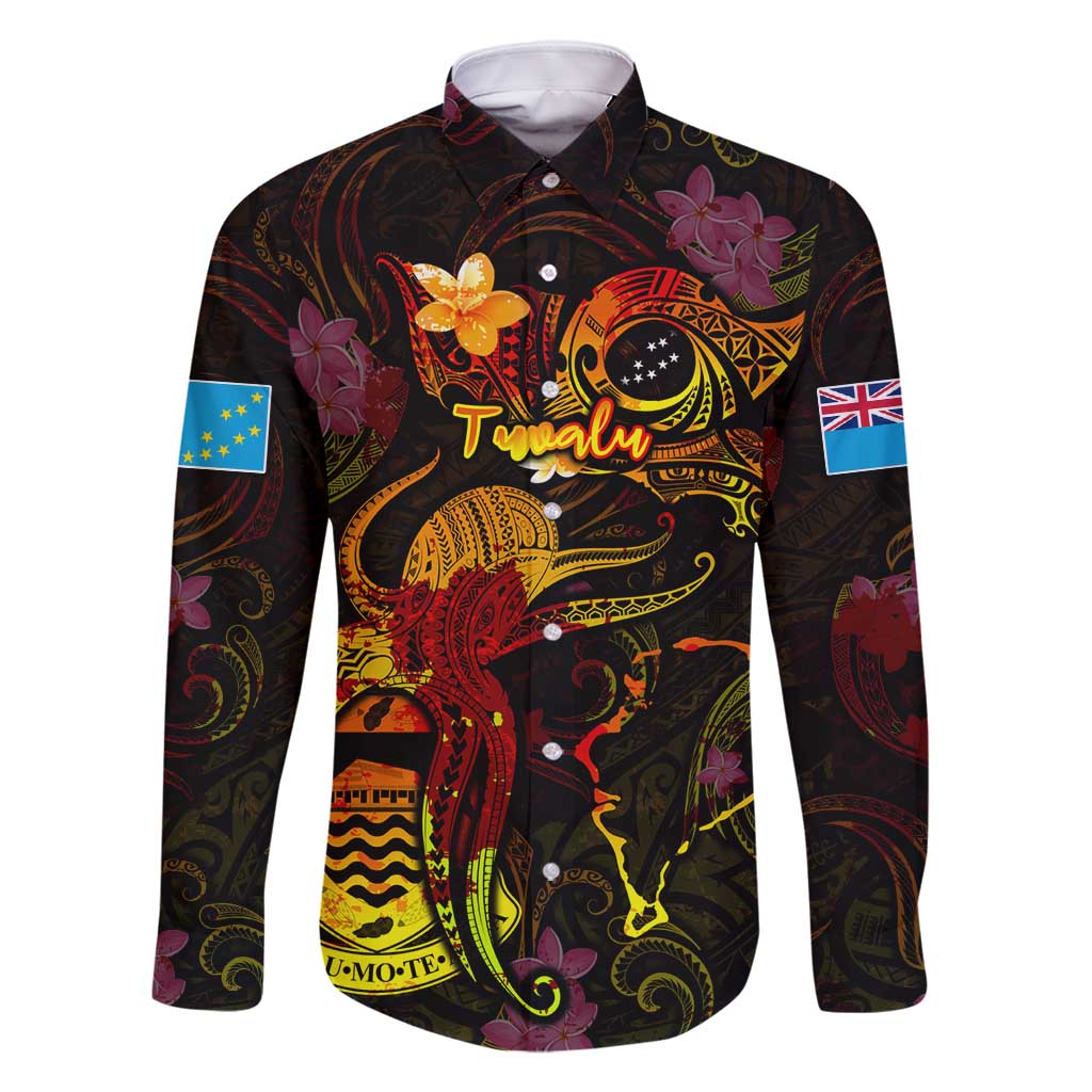 Tuvalu Family Matching Summer Maxi Dress and Hawaiian Shirt Octopus Plumeria Polynesian Tattoo DT02 Dad's Shirt - Long Sleeve Black - Polynesian Pride