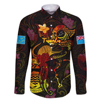Tuvalu Family Matching Summer Maxi Dress and Hawaiian Shirt Octopus Plumeria Polynesian Tattoo DT02 Dad's Shirt - Long Sleeve Black - Polynesian Pride